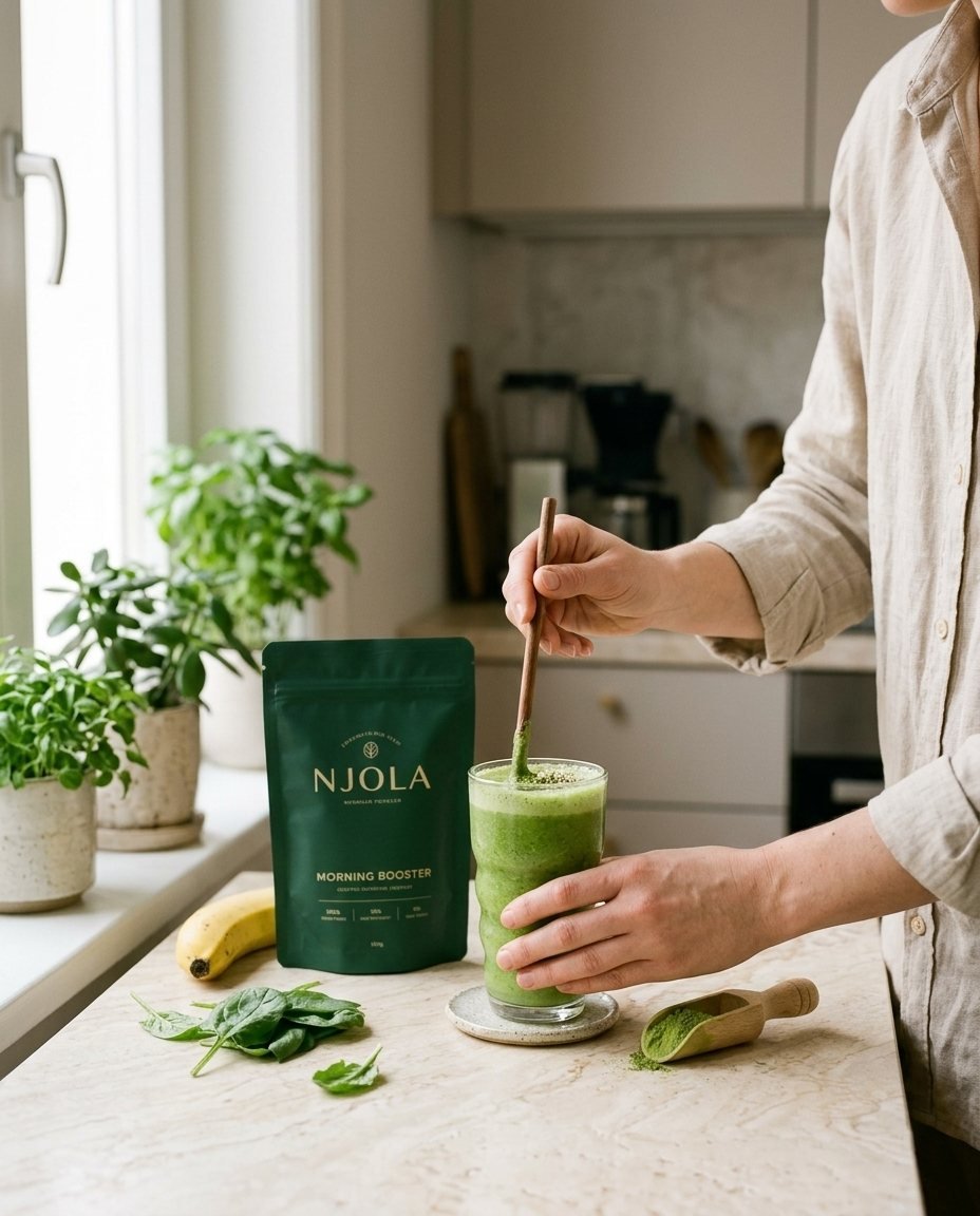 Morgenritual in der K&uuml;che: ein Njola-Shake wird anger&uuml;hrt